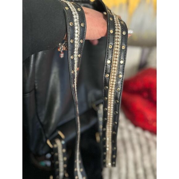 Rhinestone strap rivet studded black vegan leather backpack - Picture 3 of 11
